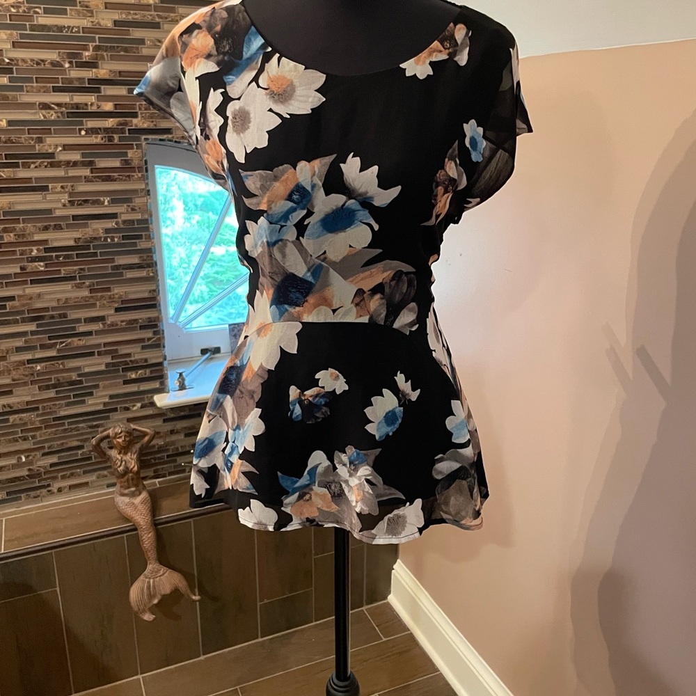 Bar III Black and Blue Peplum Cap Sleeve Blouse